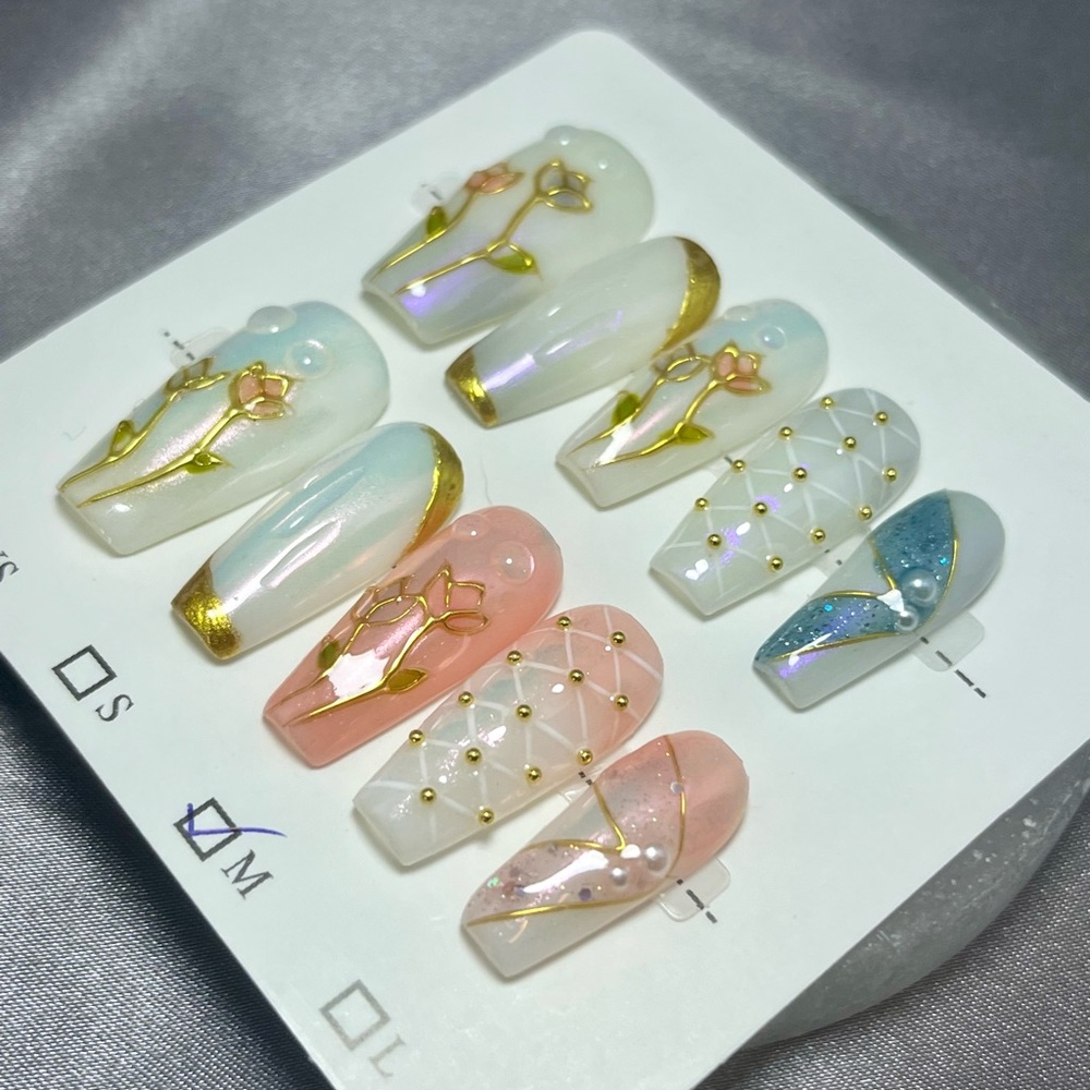 Elegant Floral & 3D Geometric Press On Nails 10 pc handmade reusable medium NWT - Picture 3 of 7